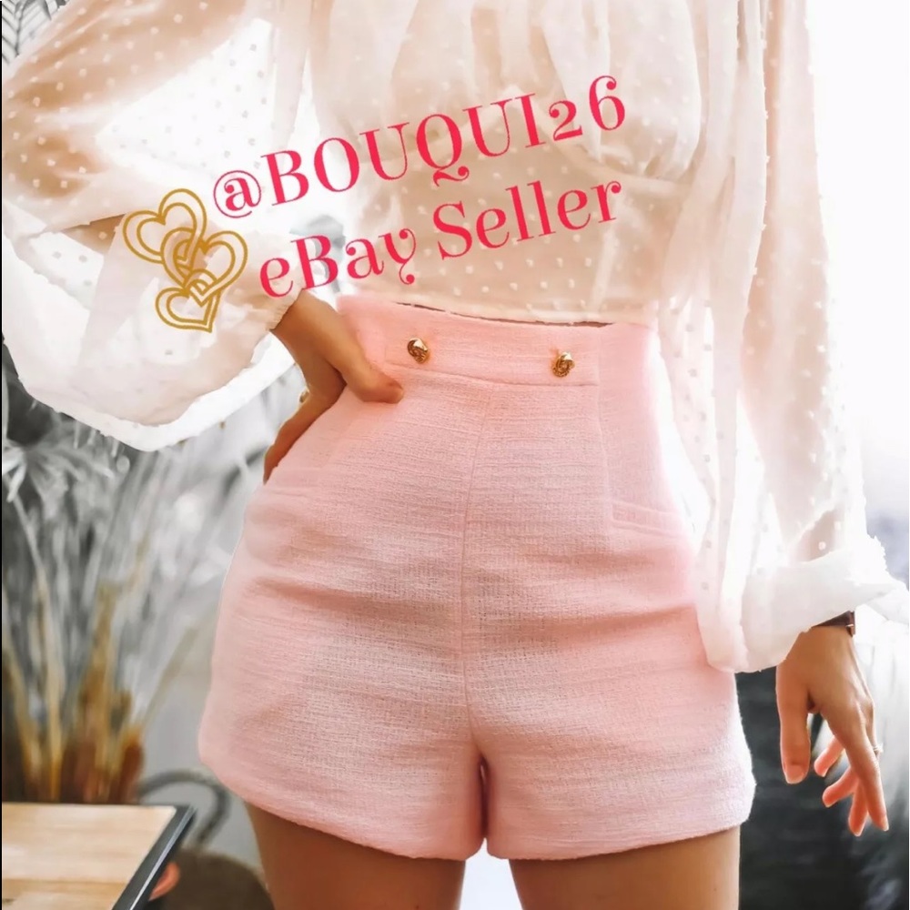 ZARA TWEED TEXTURED BERMUDAS HIGH WAIST SHORTS W/ GOLD BUTTONS PINK SIZE XS NEW
